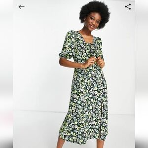 Miss Selfridge Floral Midi Dress in Green and Yellow